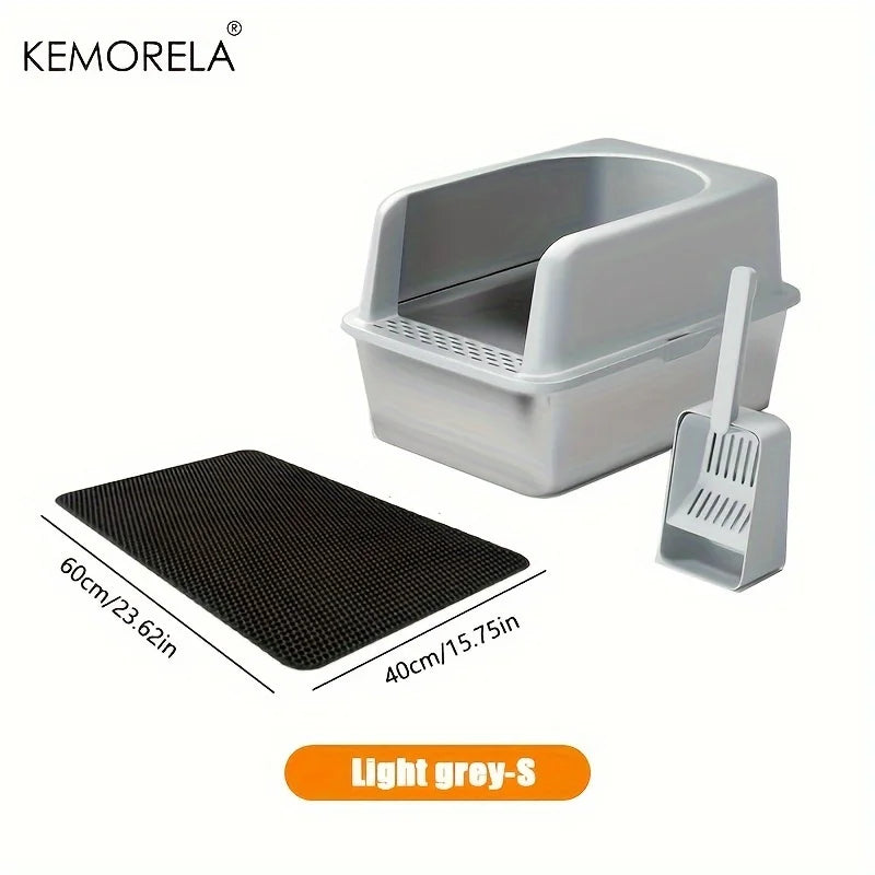 Stainless Steel Cat Litter Box – High-Sided with Mat & Scoop