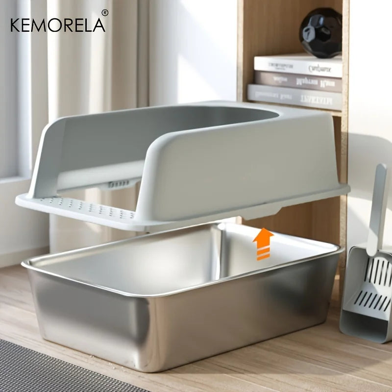 Stainless Steel Cat Litter Box – High-Sided with Mat & Scoop