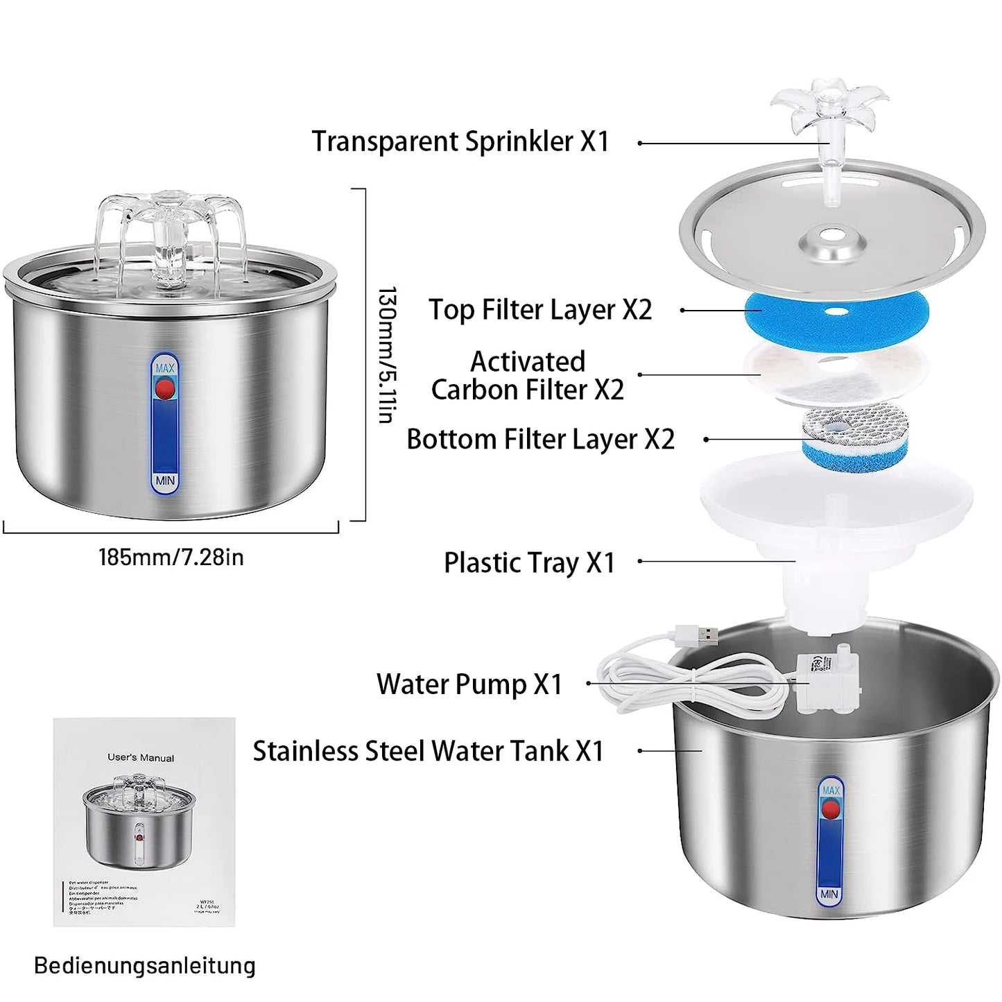 Stainless Steel Automatic Pet Water Fountain – USB Powered