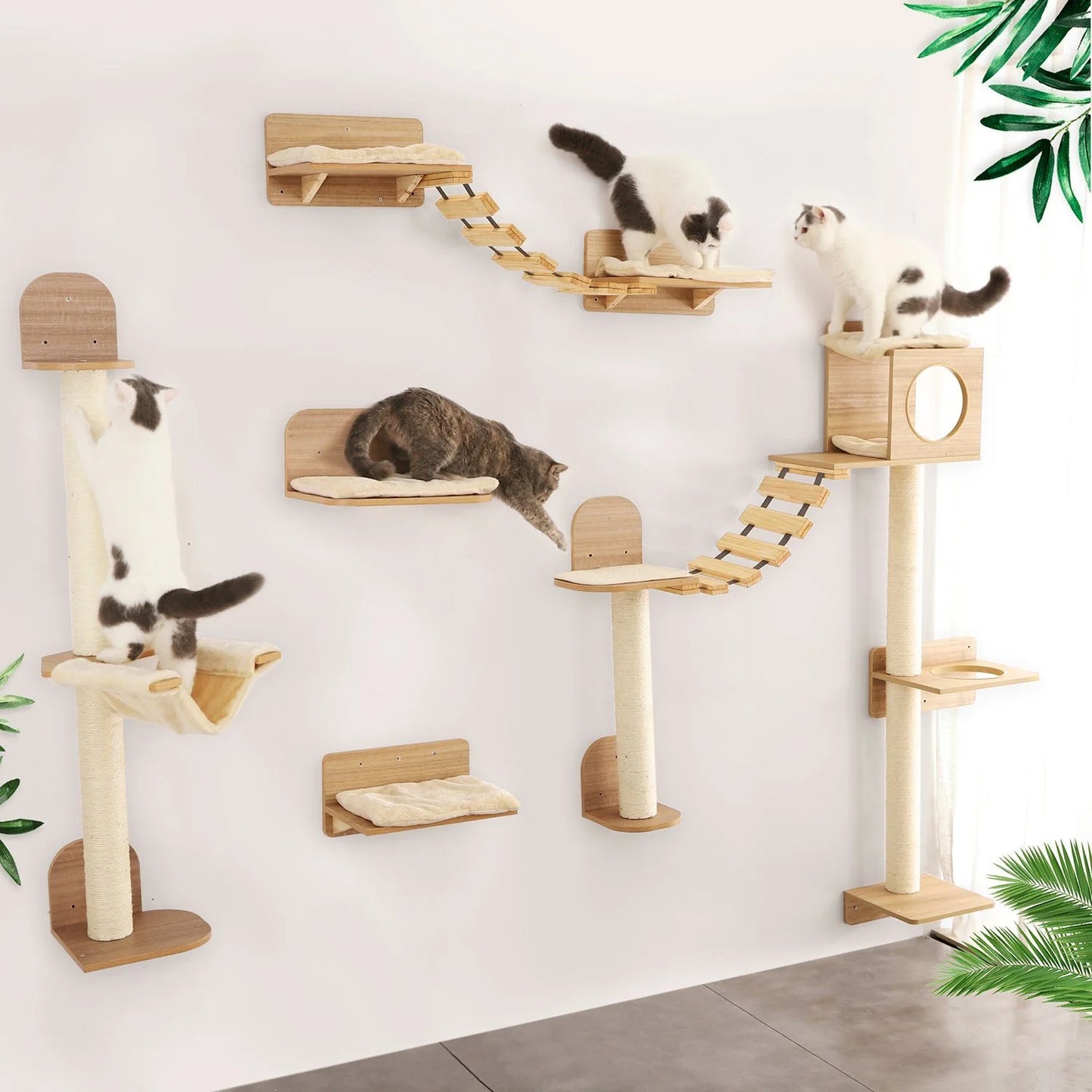 Wall-Mounted Cat Climbing Rope with Wooden Steps – Sisal Rope Scratcher & Climbing Furniture