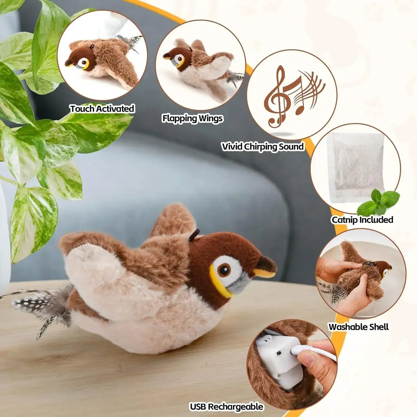 Interactive Catnip Bird Toy – USB Rechargeable Plush Toy
