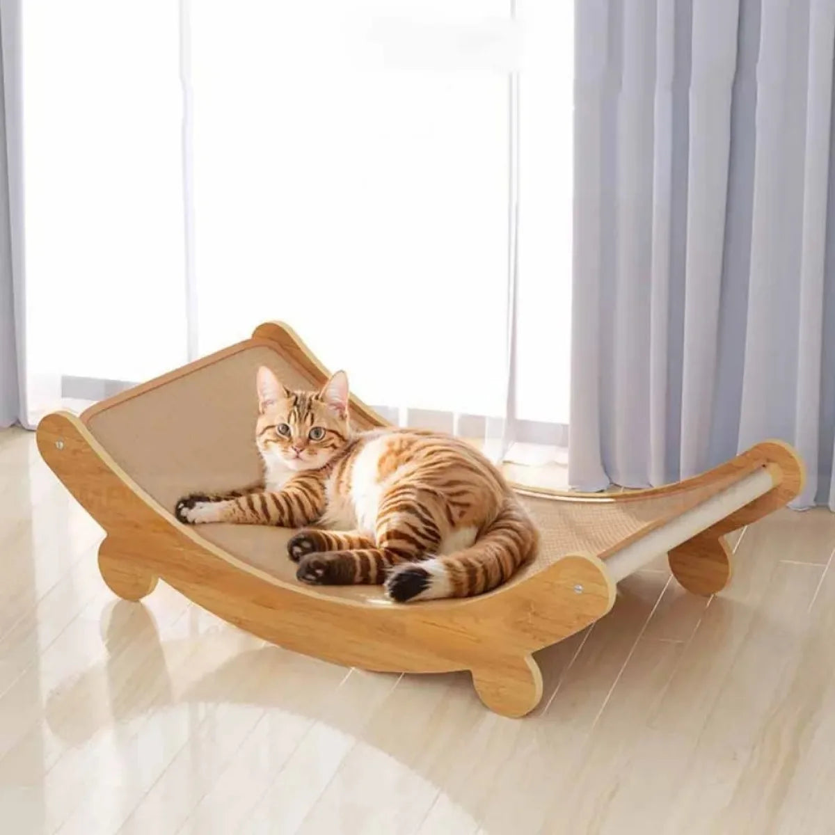 2-in-1 Wooden Cat Scratcher Bed – Detachable Scratch Pad & Sleeping Loun