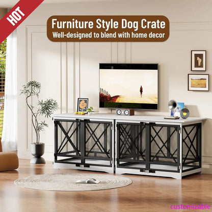 Wooden Dog Crate Furniture with Double Doors – Stylish Dog Cage for Large Breeds