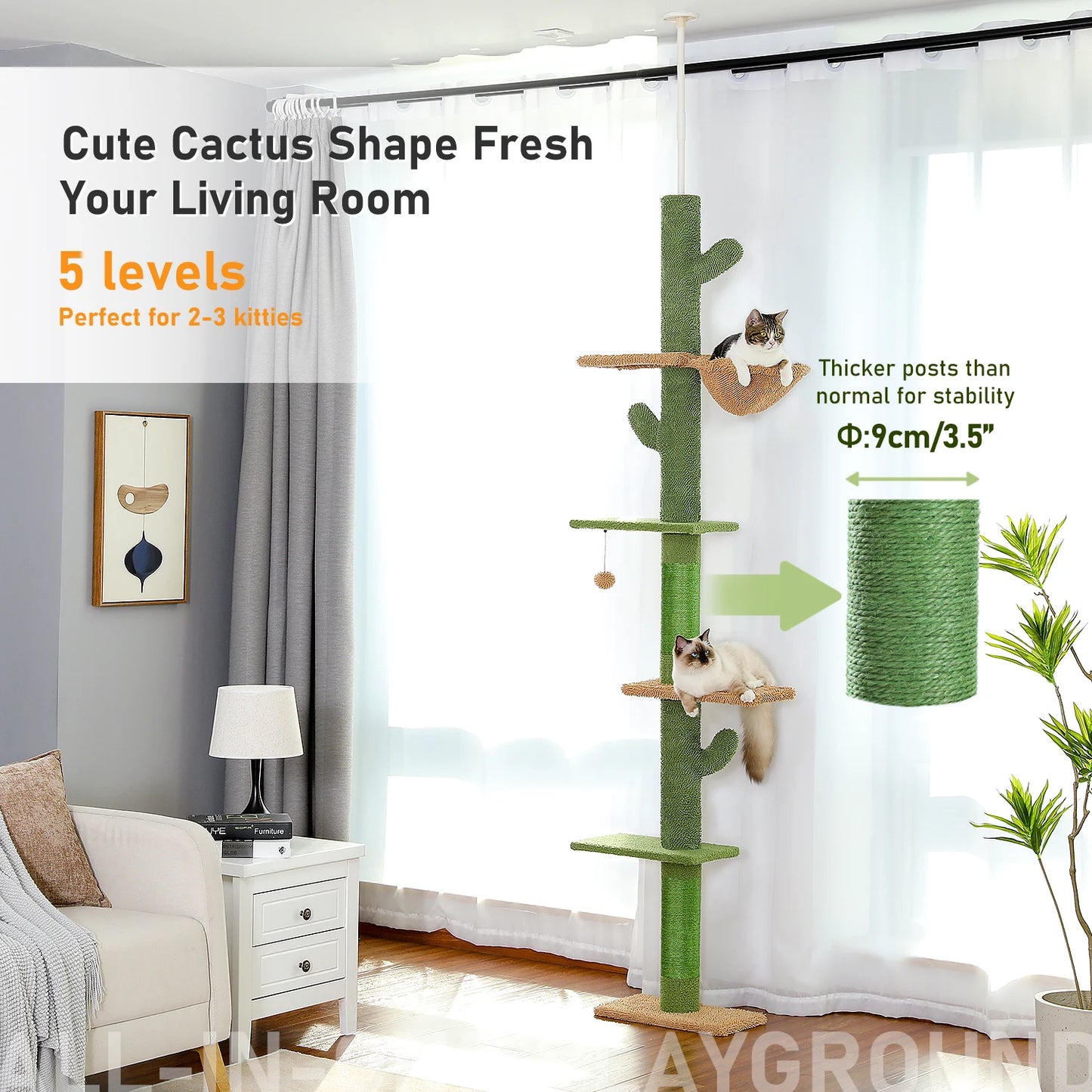 5-Tier Floor-to-Ceiling Cat Tower – Cactus Climbing Tree