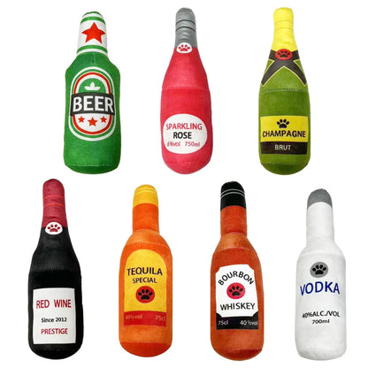 Plush Beer Bottle Dog Toy – Squeaky Chew & Interactive Play
