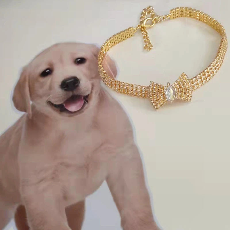 Rose Gold Zircon Bow Tie Collar – Adjustable Dog & Cat Necklace