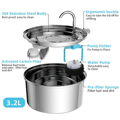 Stainless Steel Automatic Pet Water Fountain – USB Powered