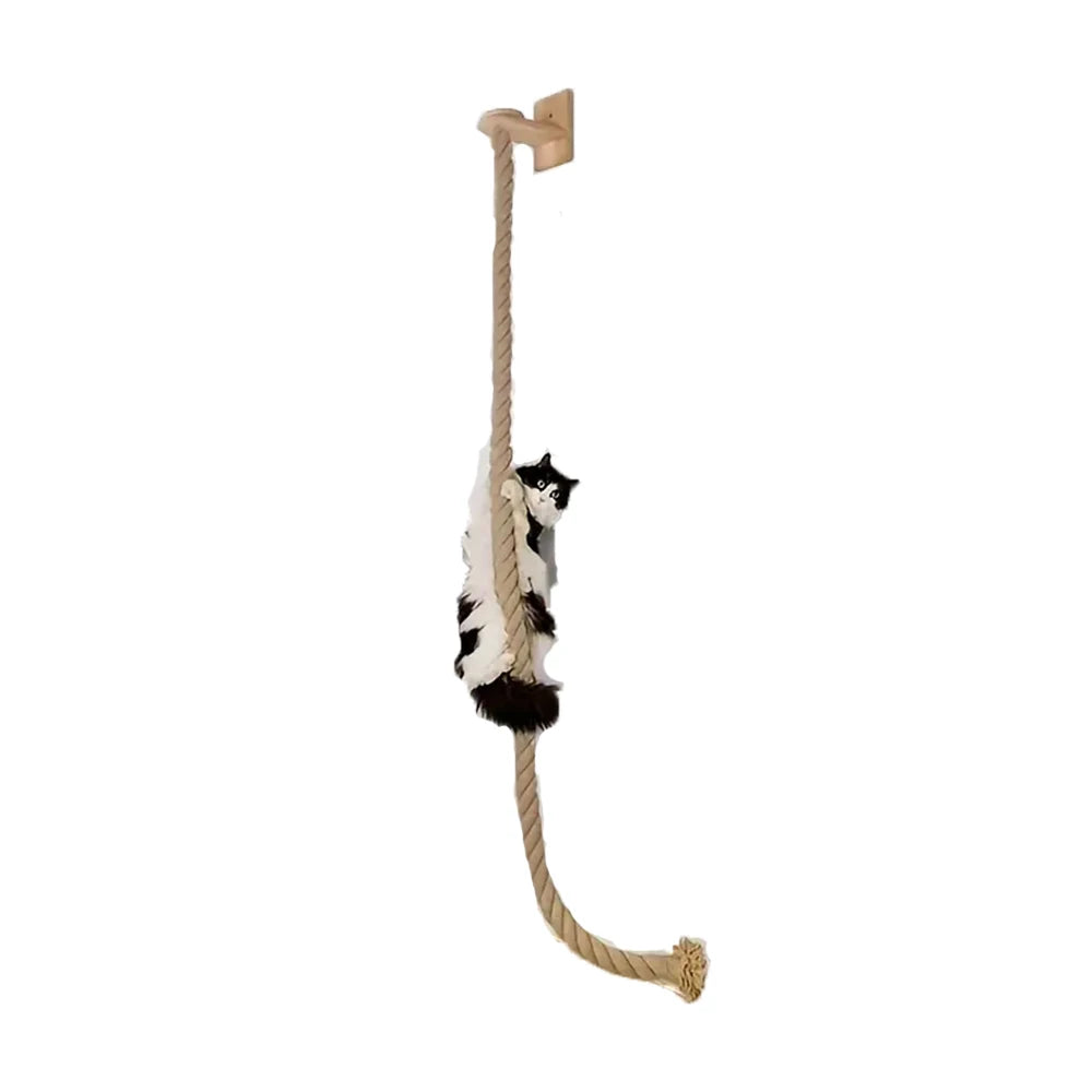 Wall-Mounted Cat Climbing Rope with Wooden Steps – Sisal Rope Scratcher & Climbing Furniture