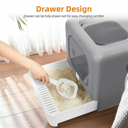 Foldable Enclosed Cat Litter Box – Sifting Tray with Scoop