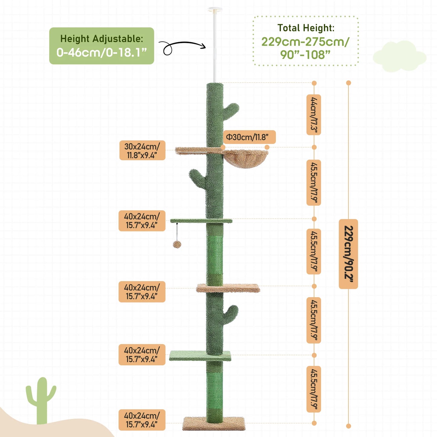 5-Tier Floor-to-Ceiling Cat Tower – Cactus Climbing Tree