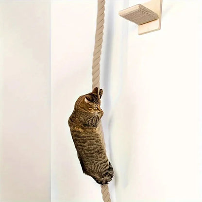 Wall-Mounted Cat Climbing Rope with Wooden Steps – Sisal Rope Scratcher & Climbing Furniture