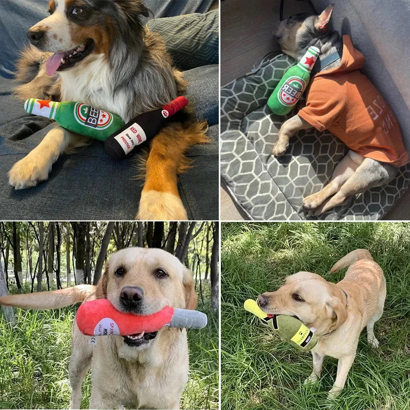 Plush Beer Bottle Dog Toy – Squeaky Chew & Interactive Play
