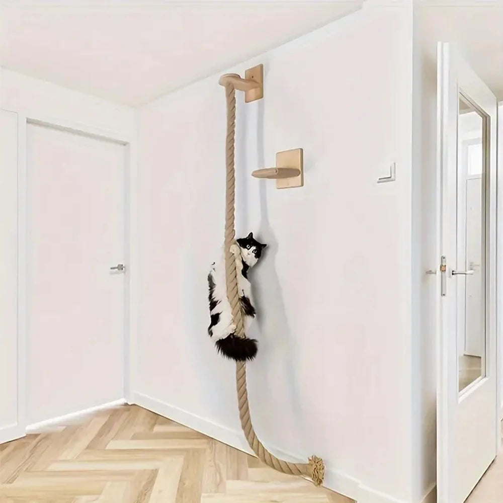 Wall-Mounted Cat Climbing Rope with Wooden Steps – Sisal Rope Scratcher & Climbing Furniture