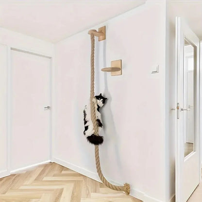 Wall-Mounted Cat Climbing Rope with Wooden Steps – Sisal Rope Scratcher & Climbing Furniture