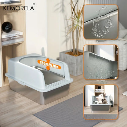 Stainless Steel Cat Litter Box – High-Sided with Mat & Scoop