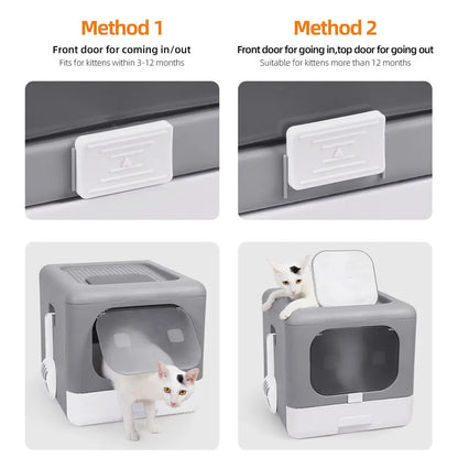 Foldable Enclosed Cat Litter Box – Sifting Tray with Scoop