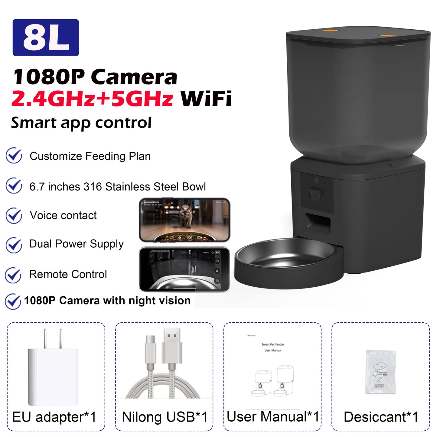 8L Smart Automatic Cat Feeder with Camera & WiFi