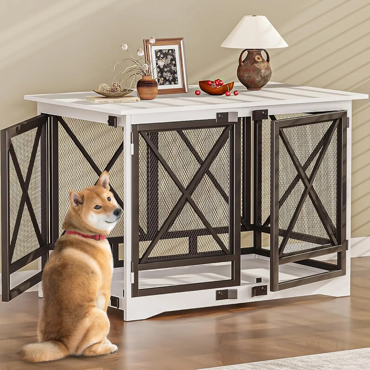 Wooden Dog Crate Furniture with Double Doors – Stylish Dog Cage for Large Breeds