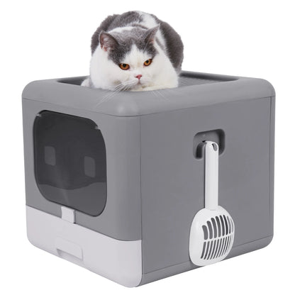 Foldable Enclosed Cat Litter Box – Sifting Tray with Scoop