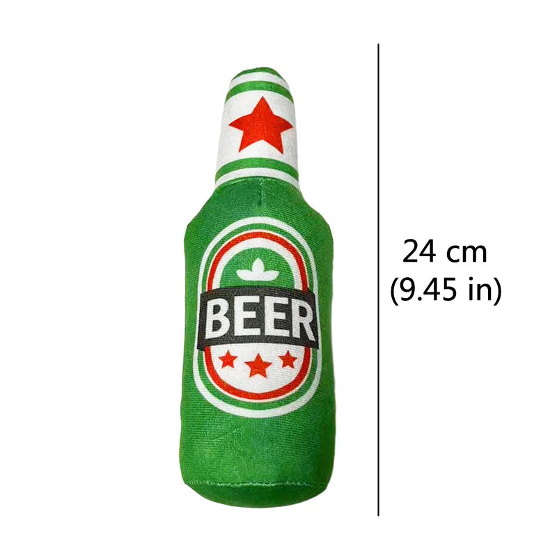 Plush Beer Bottle Dog Toy – Squeaky Chew & Interactive Play