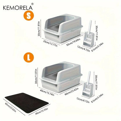 Stainless Steel Cat Litter Box – High-Sided with Mat & Scoop