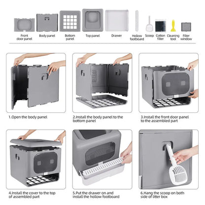 Foldable Enclosed Cat Litter Box – Sifting Tray with Scoop