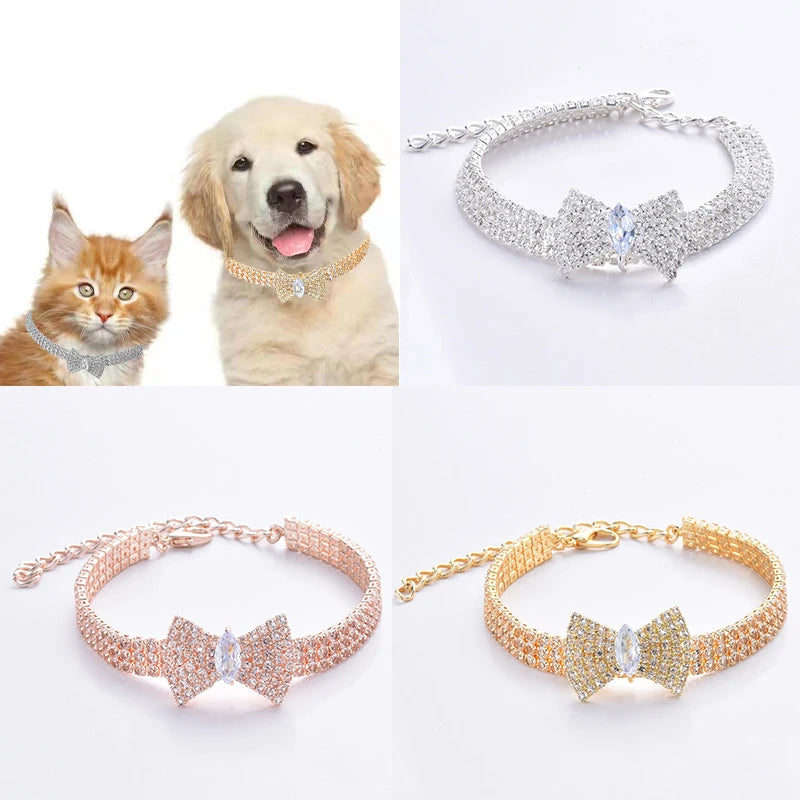Rose Gold Zircon Bow Tie Collar – Adjustable Dog & Cat Necklace