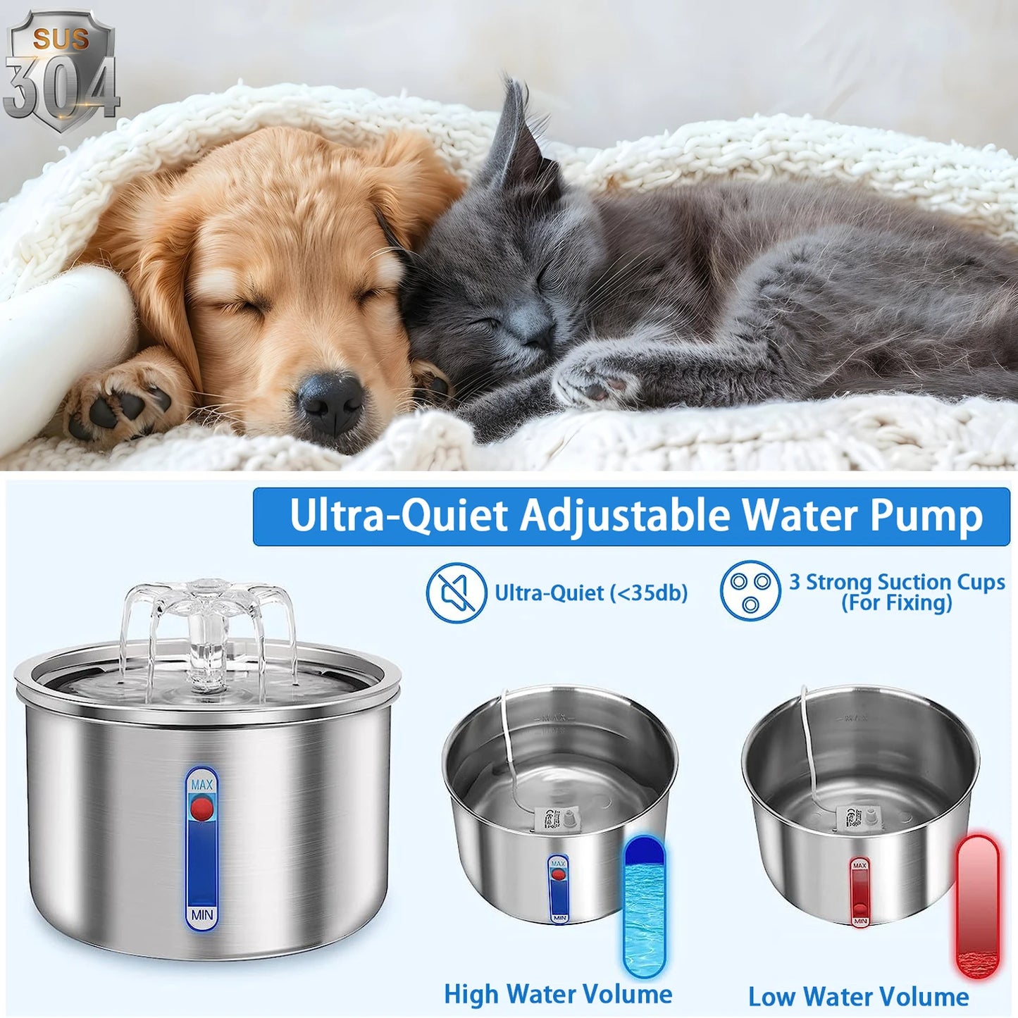 Stainless Steel Automatic Pet Water Fountain – USB Powered