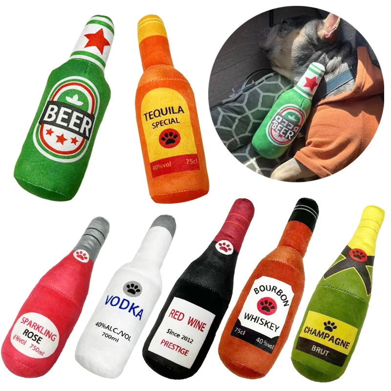 Plush Beer Bottle Dog Toy – Squeaky Chew & Interactive Play