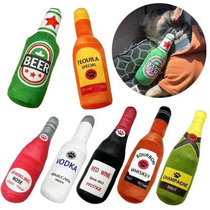 Plush Beer Bottle Dog Toy – Squeaky Chew & Interactive Play