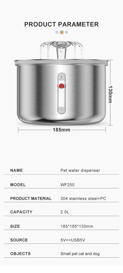 Stainless Steel Automatic Pet Water Fountain – USB Powered