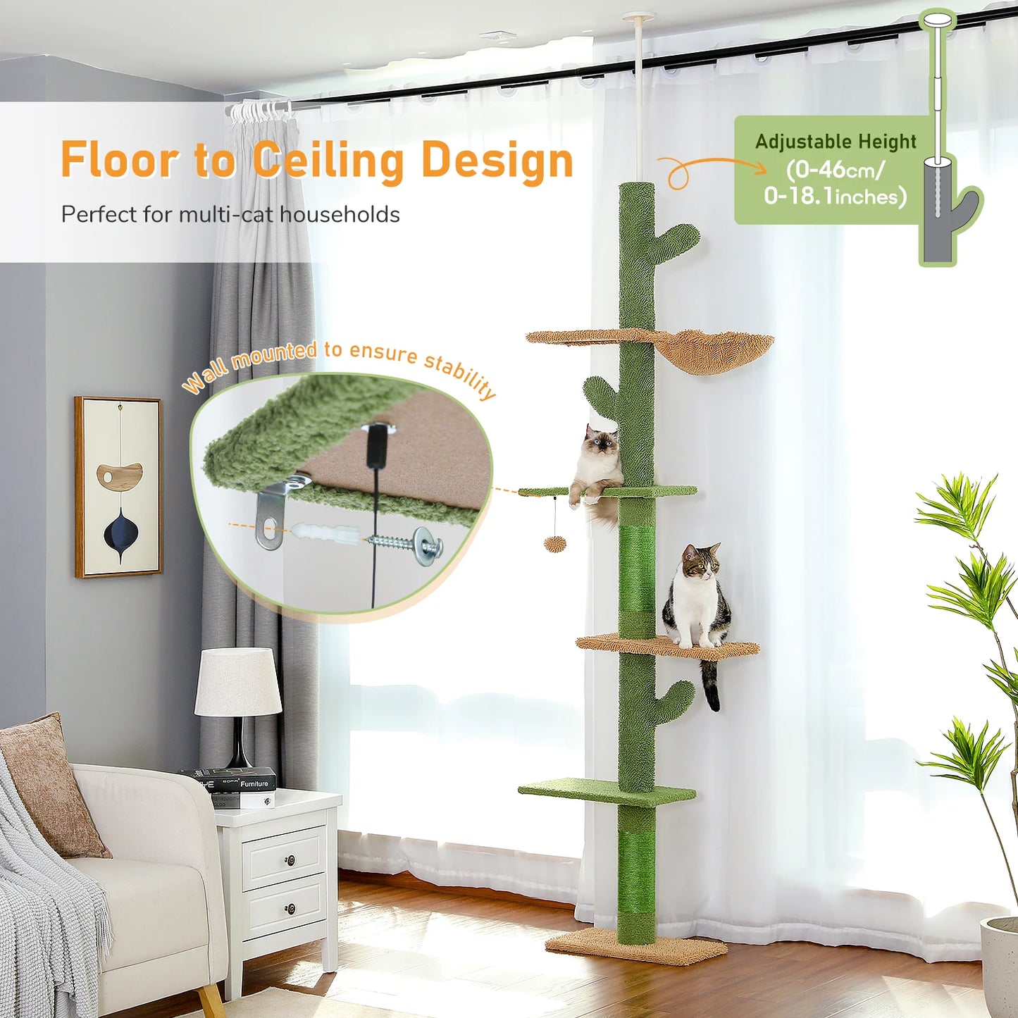 5-Tier Floor-to-Ceiling Cat Tower – Cactus Climbing Tree