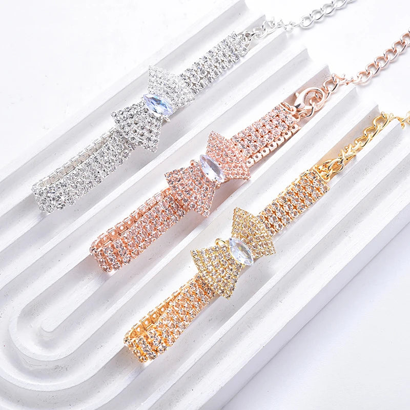 Rose Gold Zircon Bow Tie Collar – Adjustable Dog & Cat Necklace