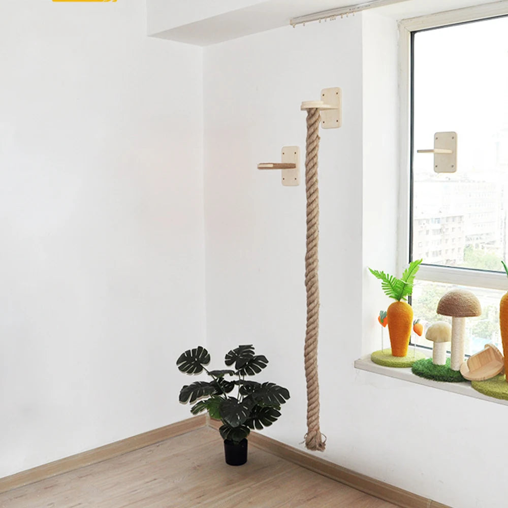 Wall-Mounted Cat Climbing Rope with Wooden Steps – Sisal Rope Scratcher & Climbing Furniture