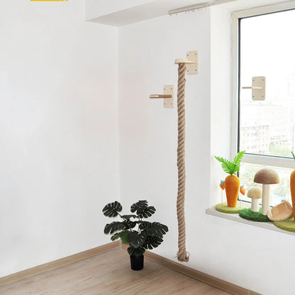 Wall-Mounted Cat Climbing Rope with Wooden Steps – Sisal Rope Scratcher & Climbing Furniture