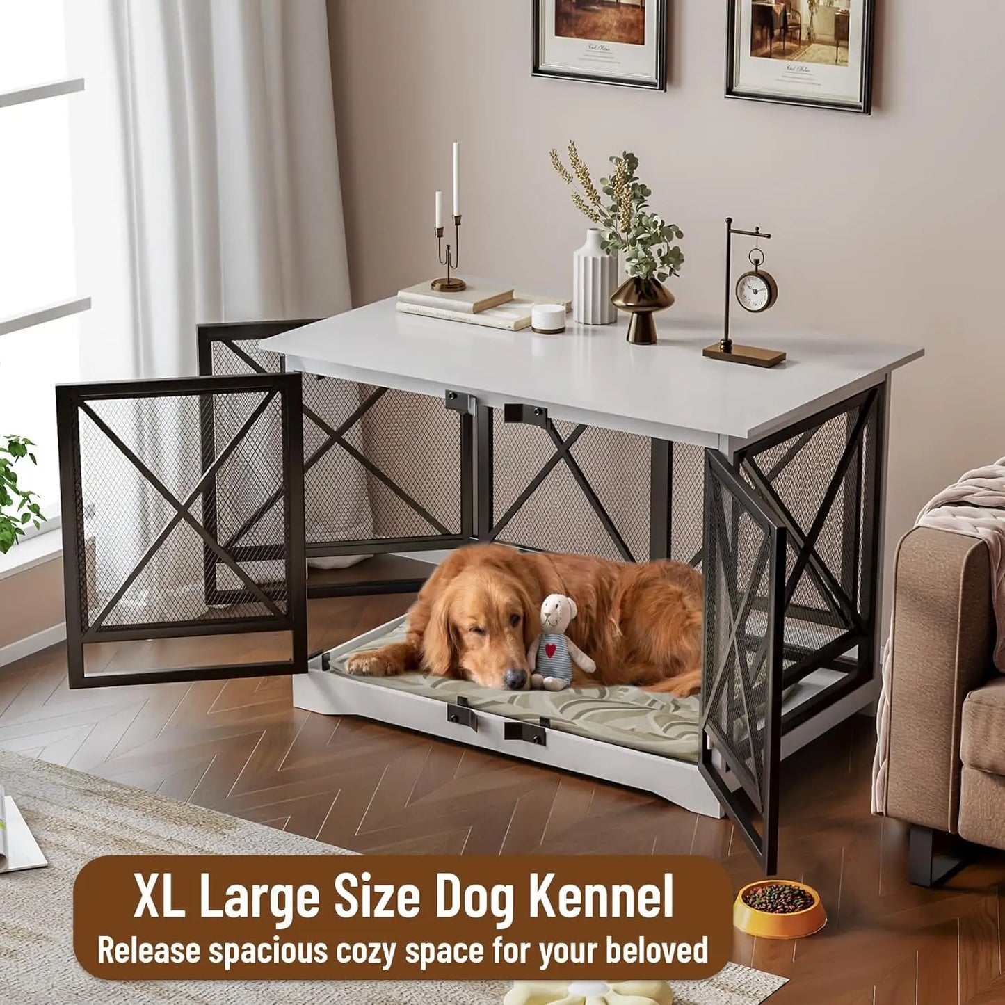 Wooden Dog Crate Furniture with Double Doors – Stylish Dog Cage for Large Breeds