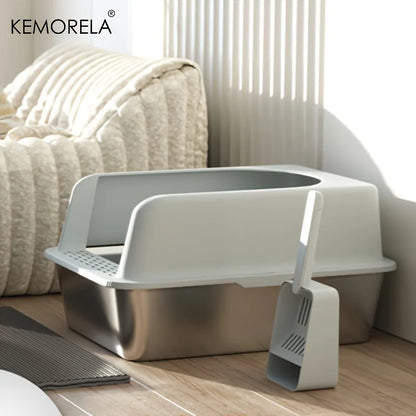 Stainless Steel Cat Litter Box – High-Sided with Mat & Scoop