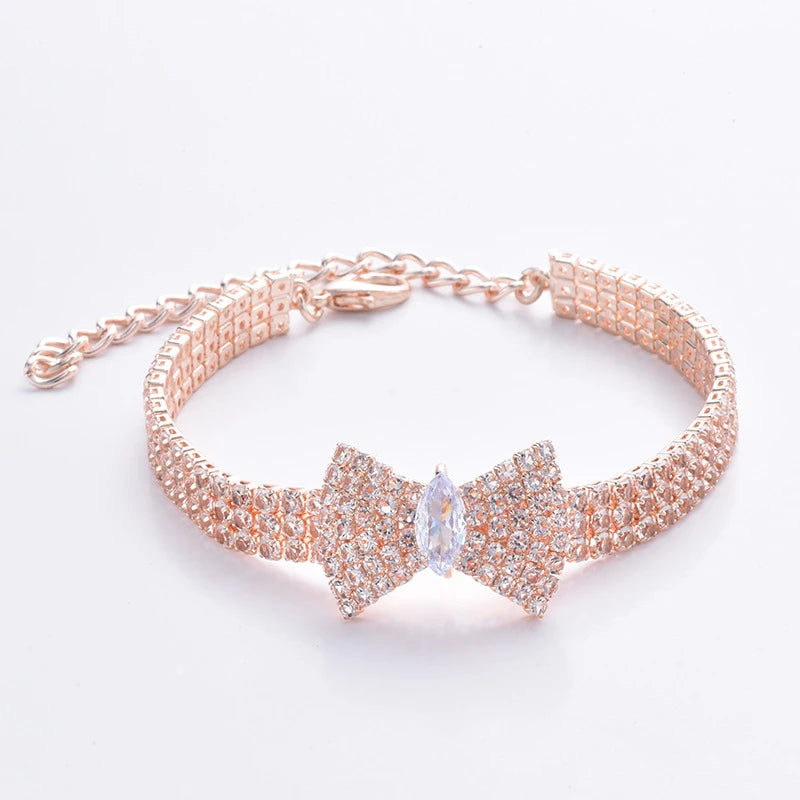 Rose Gold Zircon Bow Tie Collar – Adjustable Dog & Cat Necklace