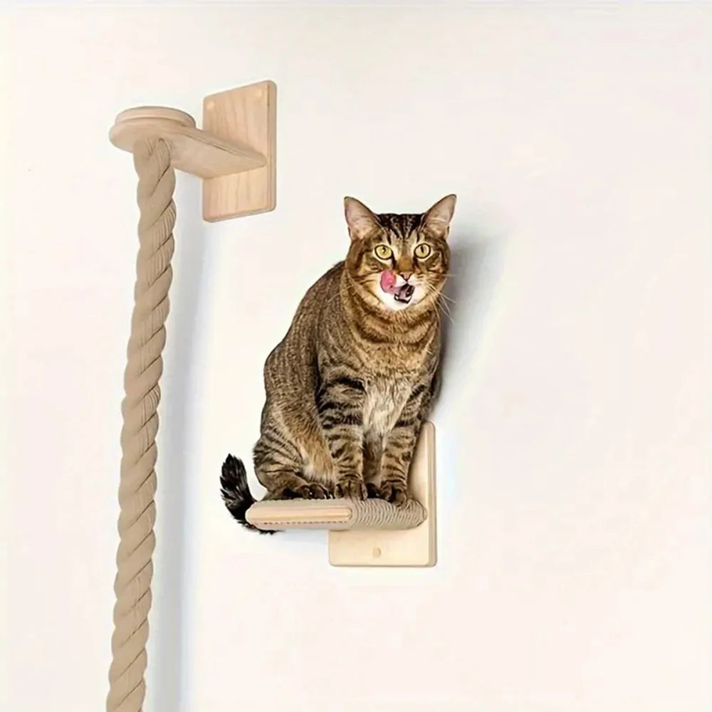 Wall-Mounted Cat Climbing Rope with Wooden Steps – Sisal Rope Scratcher & Climbing Furniture