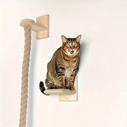 Wall-Mounted Cat Climbing Rope with Wooden Steps – Sisal Rope Scratcher & Climbing Furniture