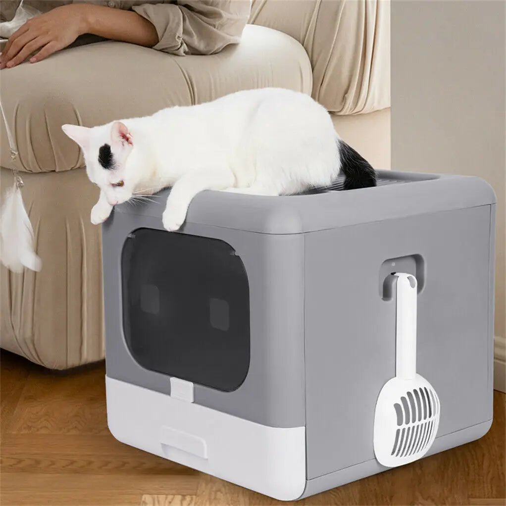 Foldable Enclosed Cat Litter Box – Sifting Tray with Scoop