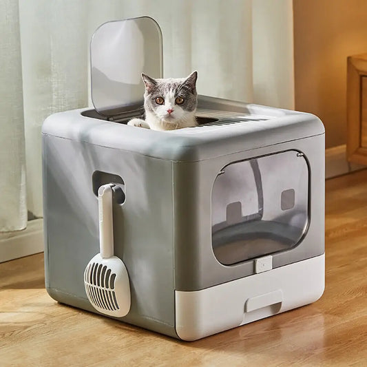 Foldable Enclosed Cat Litter Box – Sifting Tray with Scoop