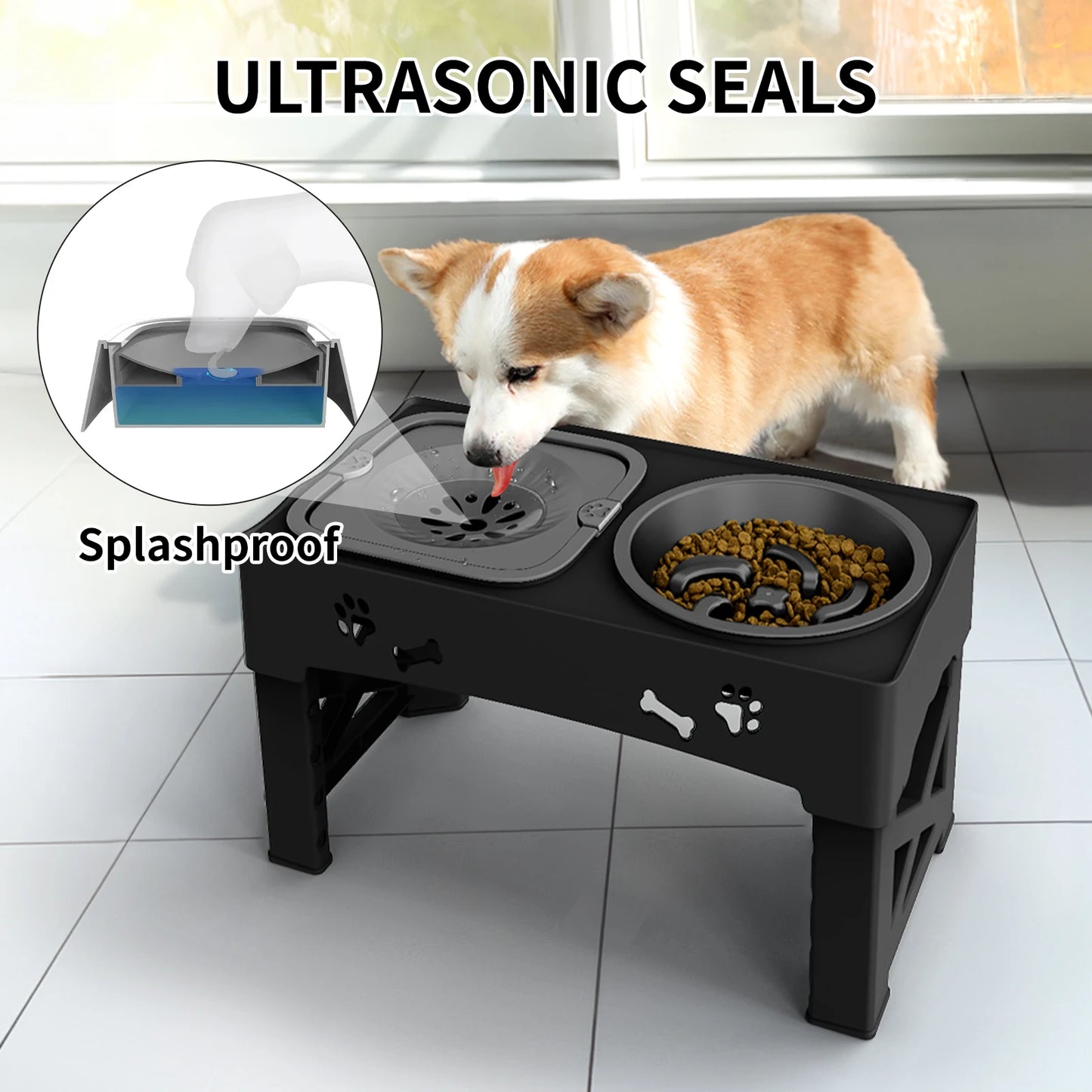 3-in-1 Adjustable Pet Feeder – Double Bowls with Slow Feeder