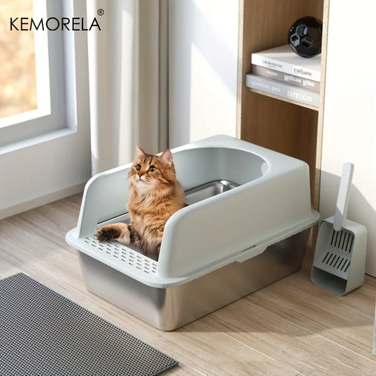 Stainless Steel Cat Litter Box – High-Sided with Mat & Scoop